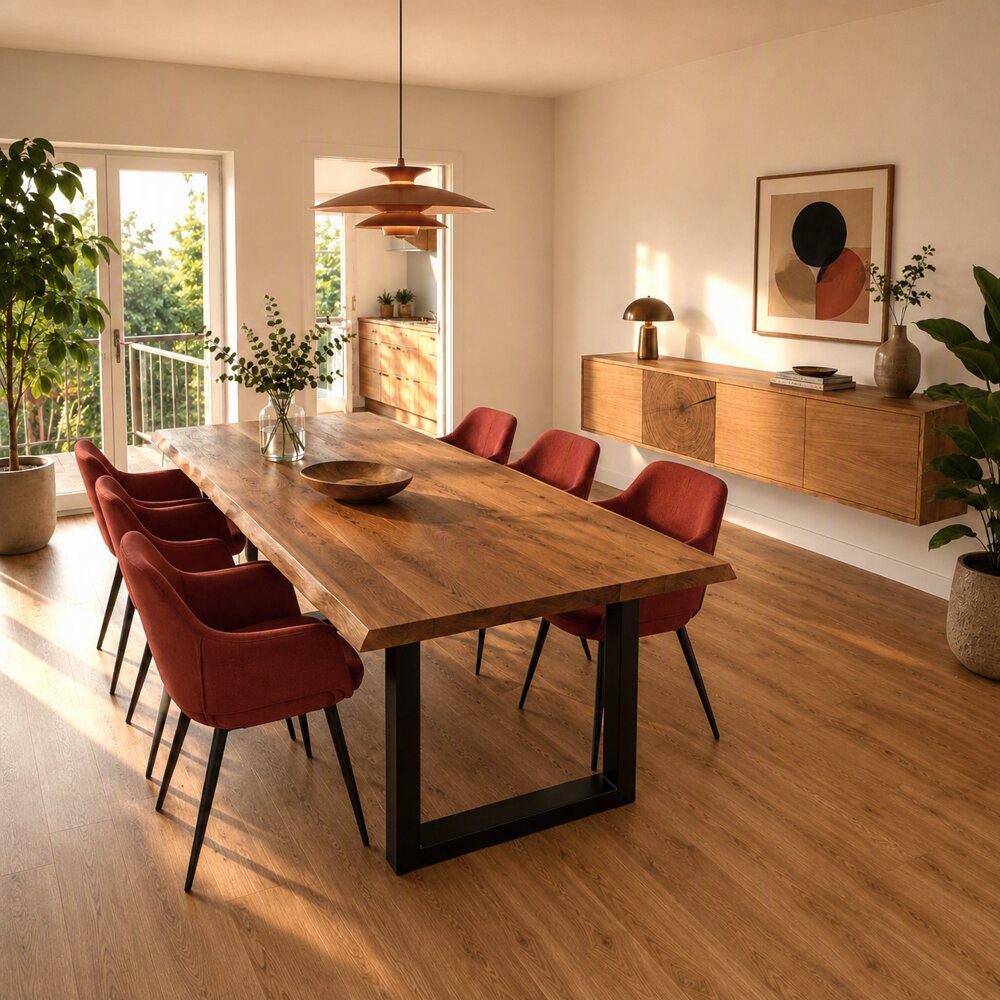 Esstisch mit Sideboard und Polsterstühlen