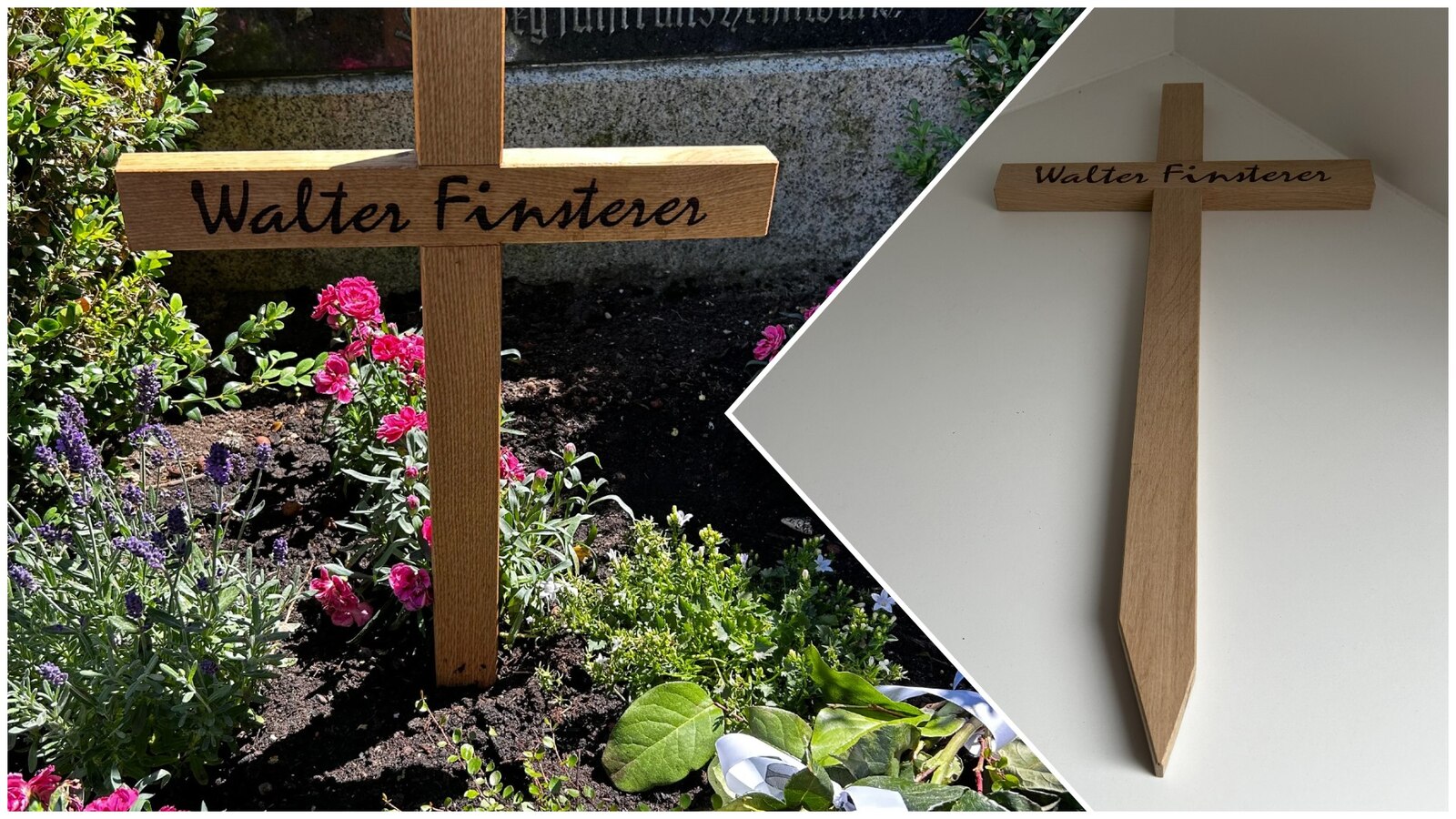 Holz-Grabkreuz aus Eiche mit eingebranntem Namen – am Grab und in der Werkstatt