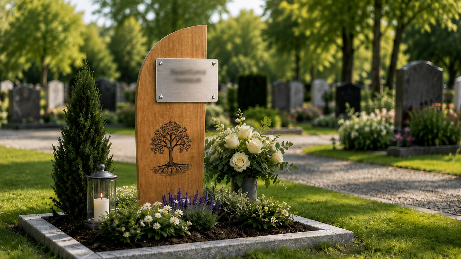 Grabstele aus Eiche mit Edelstahlschild und eingefrästem Lebensbaum-Motiv auf einem Grab