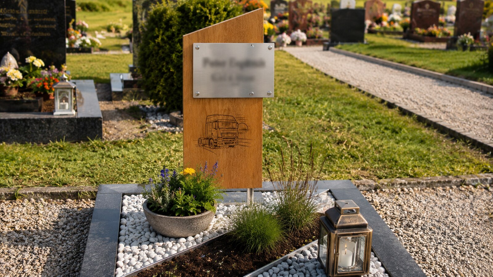 Grabstele aus Eiche mit Edelstahlschild und eingefrästem LKW-Motiv auf einem Grab