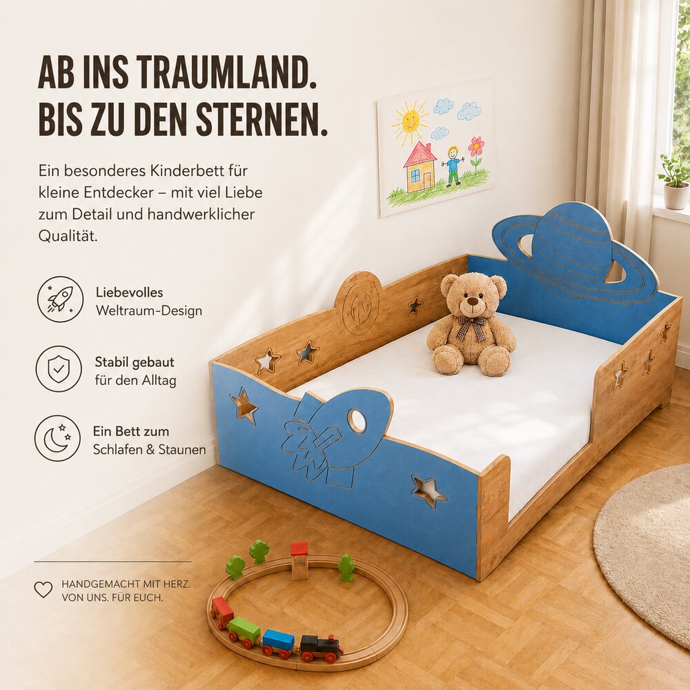 Kinderbett im Weltraum-Design aus buntem Multiplex