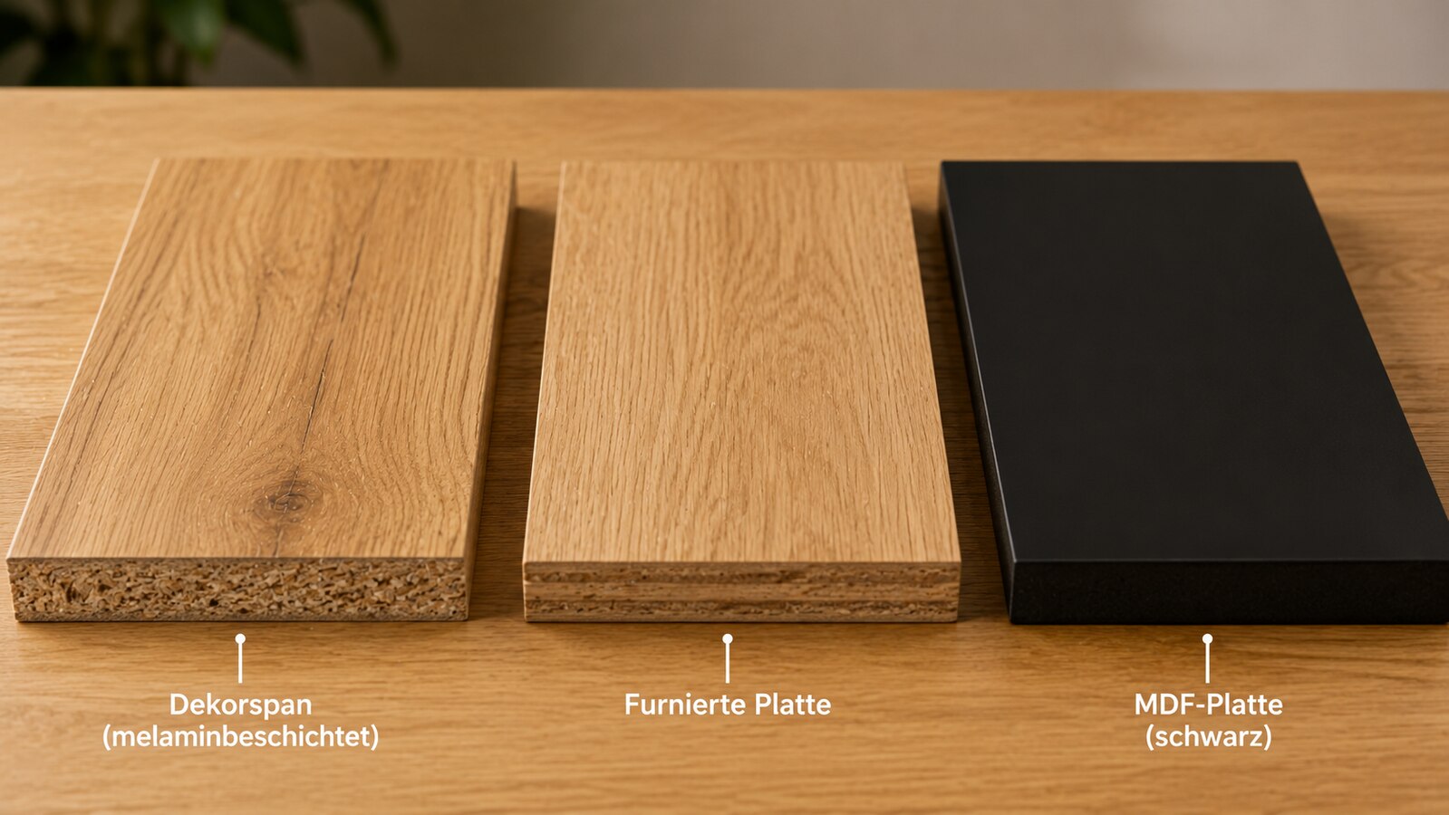 Drei Plattenarten im Vergleich: Dekorspan mit Span-Kern, furnierte Platte mit Holzschicht und schwarze MDF-Platte