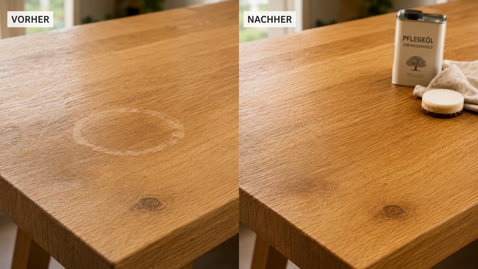 Wasserrand auf einer Eichen-Tischplatte - links der weiße Fleck, rechts weggeschliffen und mit Pflegeöl nachbehandelt