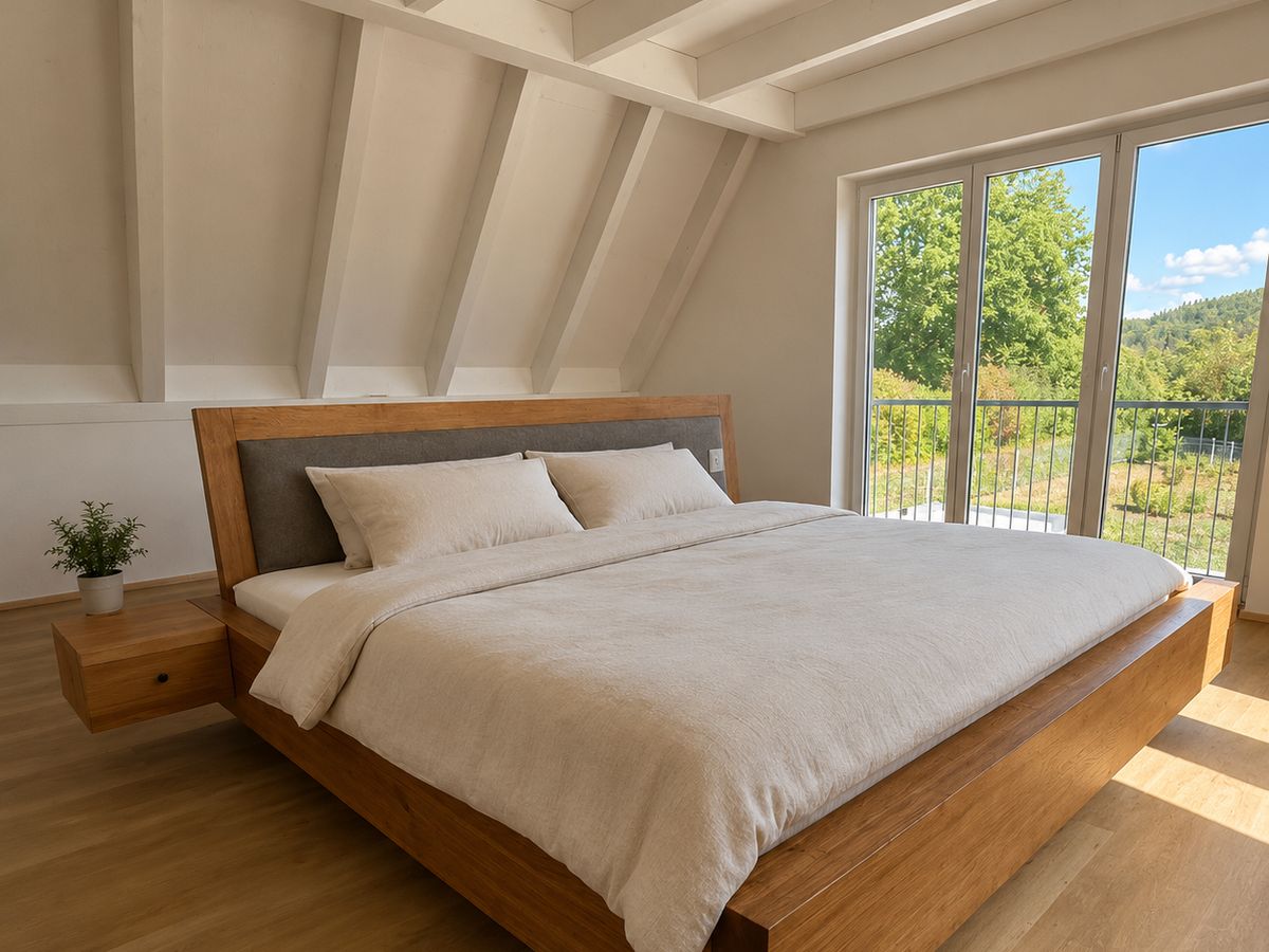 Balkenbett aus massiver Eiche mit angebauten Nachttischen unter der Dachschräge