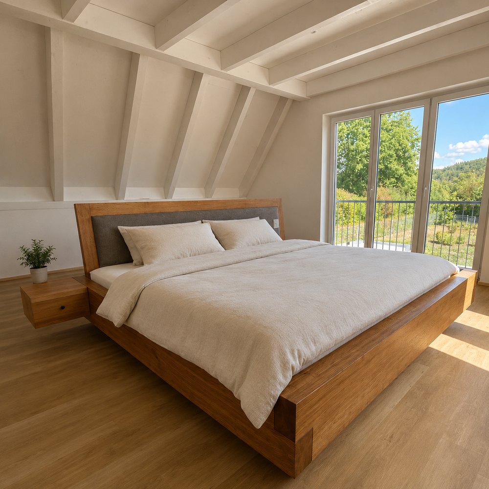 Balkenbett aus massiver Eiche mit angebauten Nachttischen unter der Dachschräge