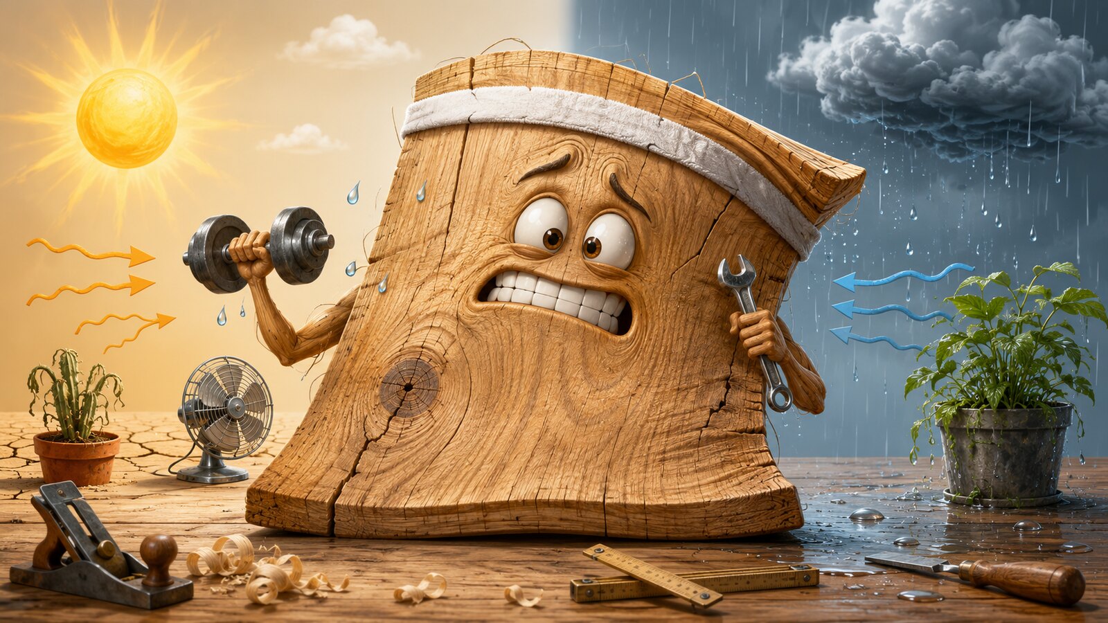 Warum arbeitet Holz - humorvolle Illustration eines Holzstamms mit Gesicht