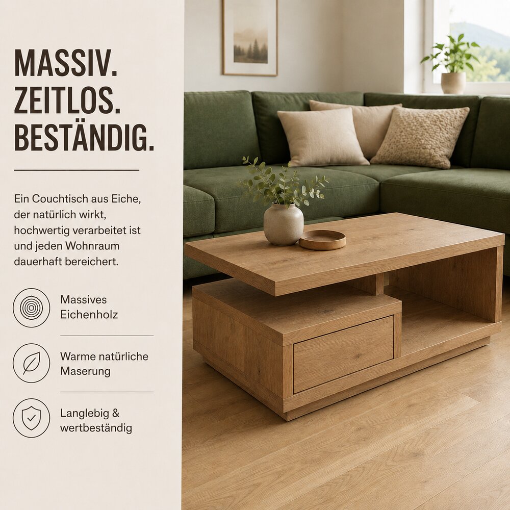 Couchtisch aus massiver Eiche im Wohnzimmer