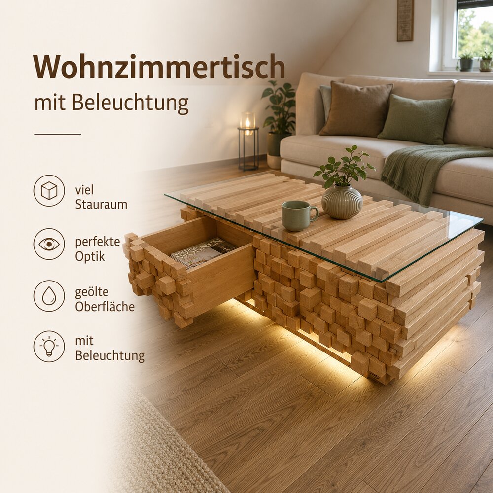 Couchtisch mit Glasplatte und Beleuchtung